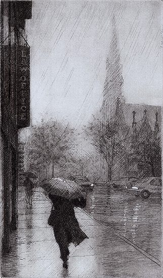 September Rain/7th Avenue, Eric March, drypoint etching, 2009